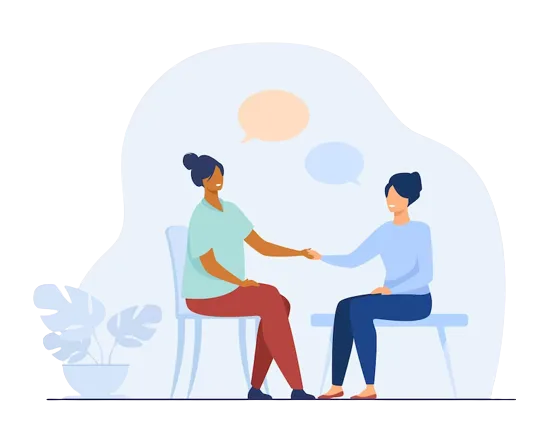 Illustration of a therapist and client in a warm, supportive conversation